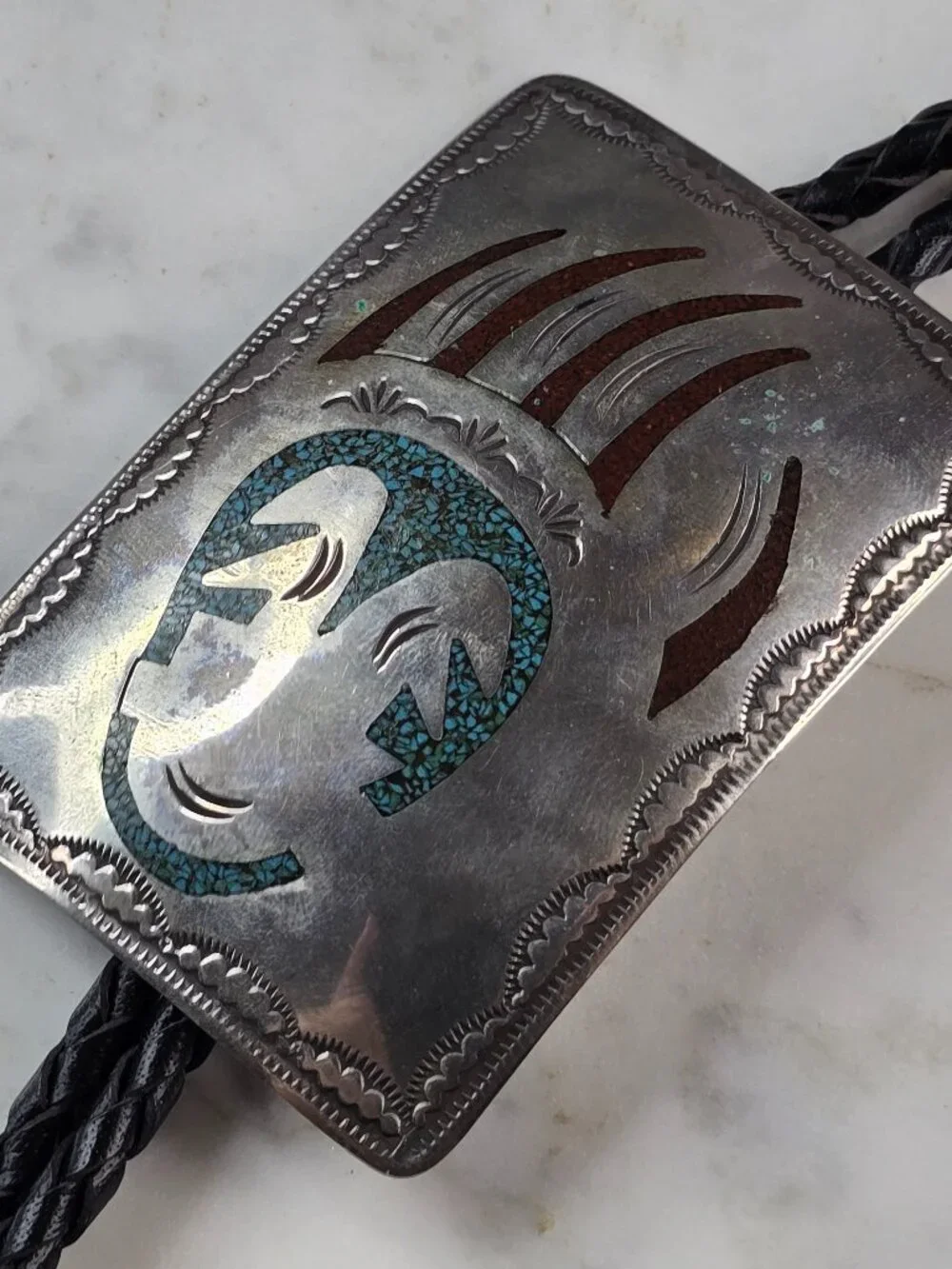 Native American Bear Claw Sterling Silver Turquoise Coral Bolo Tie E639